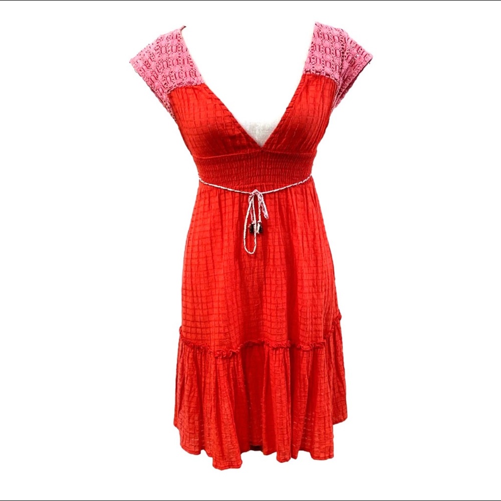 Free People Red Dress w/ Pink Crochet Detailing XS